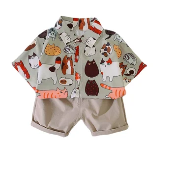 1-5Y Детская одежда Мальчики Рубашка с короткими рукавами + шорты Комплект из двух частей Лето Детская одежда Досуг Мультфильм Наряд