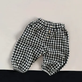 100% хлопок детские брюки в клетку длиной до икры с карманами весна лето новые девочки корейские повседневные свободные широкие брюки WTP157