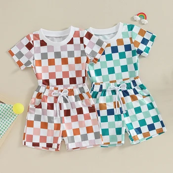 2 шт. Летняя одежда для малышей и мальчиков Комплекты шорт Топы с коротким рукавом и шорты с шахматным принтом