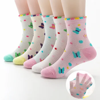 2022 Новинка Весна Лето 5 пар Носки для девочек Сетка Хлопок Бант Красивые волнистые сетчатые дышащие носки Детские носки для девочек 3-15 лет
