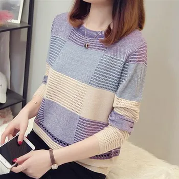 2023 Весна и осень Новый свитер Женская корейская версия цвета Соответствующая свободная полосатая нижняя свитер с длинными рукавами Джемпер 3XL