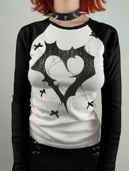 2023 Женские ретро-рубашки Fairy Grunge с длинным рукавом и принтом сердца Укороченный топ 90-х годов с круглым вырезом Slim Fit Черная футболка