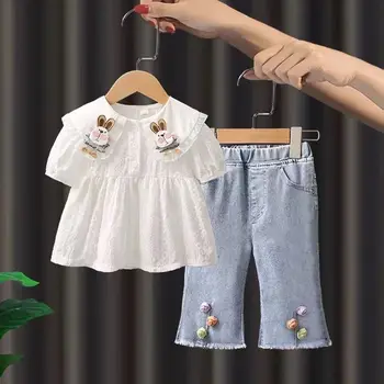 2023 Новые летние девушки Boby Kids Повседневная рубашка + джинсы Комплект одежды Удобная милая детская одежда Детская одежда