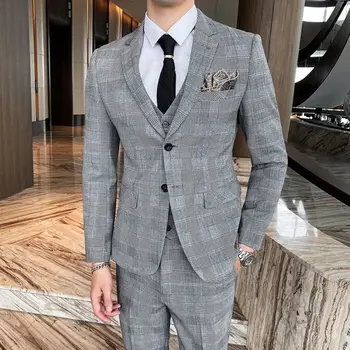 2023 Новый британский стиль Мужские костюмы Набор из 3 предметов Plaid Slim Fit Boutique Business For Office Wedding Prom Male Formal Tuxedo Blazer