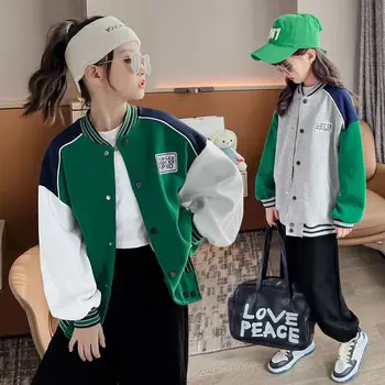 2023 Осень ЗИМА Одежда для девочек пэчворк зеленый Куртка Детская Подросток спорт бейсбол Детская верхняя одежда Пальто 4 5 6 7 8 9 10 11 год