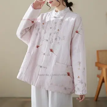 2024 Национальный цветочный принт Хлопковое льняное пальто ханьфу Китайский винтажный пиджак с хлопковой подкладкой Костюм в стиле ретро Восточное утолщенное пальто