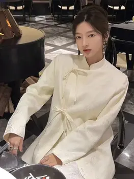 2024 Новый китайский стиль Женская блузка Cheongsam Collar Женская повседневная блузка Hanfu Tangsuits белый восточный грацкарный комплект