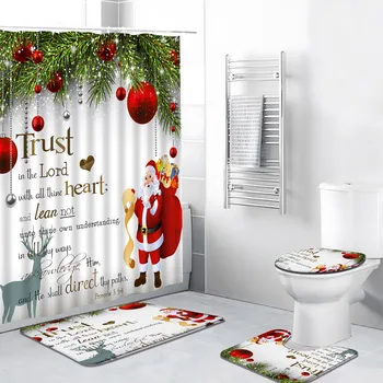 4 шт. Рождественский набор занавесок для душа с ковриком Вдохновляющая цитата Мультфильм Санта-Клаус Новый год Праздничная тема Полиэстер Коврик для ванной комнаты
