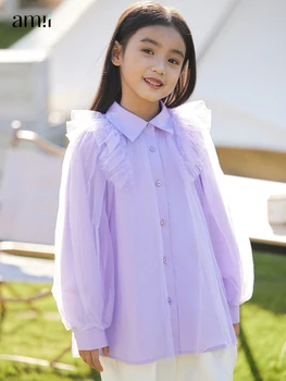 Amii Детская рубашка для девочек Весна 2023 Корейская мода Топ с длинным рукавом Хлопковая сетка Сладкая свободная блузка 3-12 лет Детская одежда 22341015