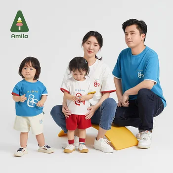 Amila 2023 Лето Новая детская футболка Cothing Family с коротким рукавом Одежда для родителей и детей Детская прогулка Хлопковые топы 0-6 лет