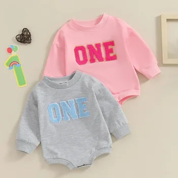 Baby Birthday Girls Хлопковая футболка с длинным рукавом Цельный набор с круглым вырезом Розовый комбинезон и детский номер Girl French Knot Комбинезон