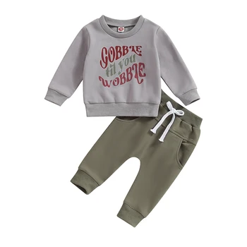  Baby Boy Pant Set Long Sleeve Круглый вырез Буквы Принт Толстовка с эластичной талией Спортивные штаны Детская одежда