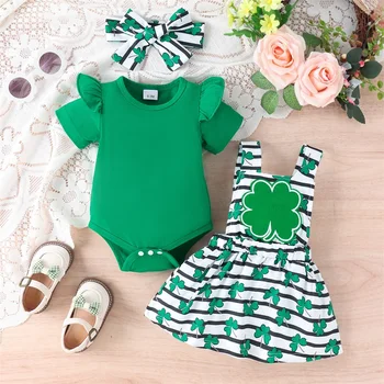 Baby Girl 3 шт. Комплект нарядов Зеленый комбинезон с принтом трилистника Юбка на подтяжках с оголовьем