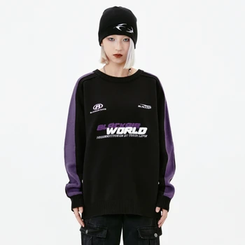 Black Air Embroidery Color Block Черные свитера для женщин и мужчин Зимние топы оверсайз с длинным рукавом Готическая одежда Пуловеры 2023