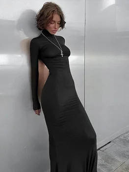 Gavestis Сексуальное облегающее платье Модное облегающее платье с длинным рукавом Пуловер с высокой талией Ночной клуб Наряд 2023 Осень Новое Черное Платье