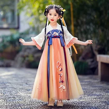 Hanfu Flower Girls Платье Для Весны Лето 2024 Новая Принцесса Вышивка Пэчворк Расклешенный рукав V-образным вырезом Длинные платья Детская одежда