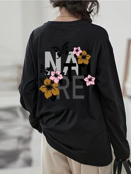  Hirsionsan 100% хлопок цветок графическая футболка женская свободная пуловер с принтом букв Обычный футболка Женские топы Одежда для девочек