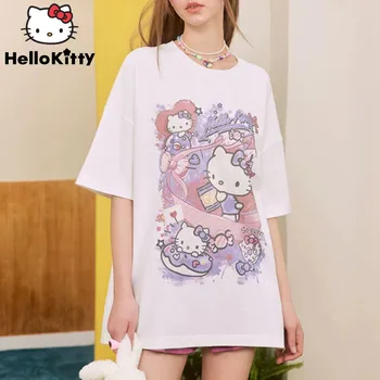 Kawaii Sanrio Футболка Hello Kitty Star Женские топы с коротким рукавом Лето Новая свободная повседневная одежда Y2k Preppy Girl Tees Симпатичная футболка