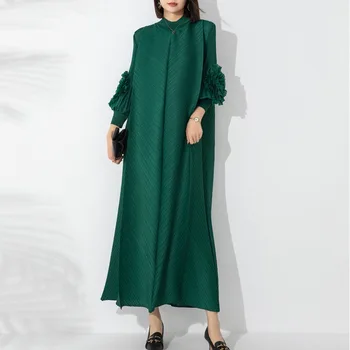 Miyake плиссированное длинное платье Новый модный стиль Половина Высокая шея Свободный размер Тарелка Цветочное платье