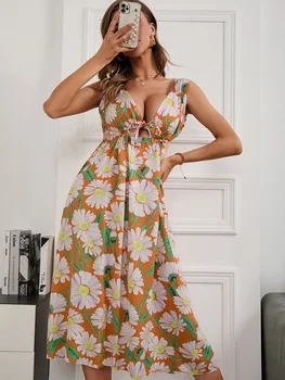 OUSLEE-Женское сексуальное платье для вечеринок в стиле макси бохо с принтом, глубокий V-образный вырез, длинное пляжное платье для вечеринки с открытой спиной, лето