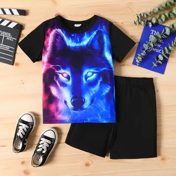 PatPat 2pcs Kid Boy Animal Wolf Print Colorblock Футболка с коротким рукавом и черные шорты Набор мягкие и удобные