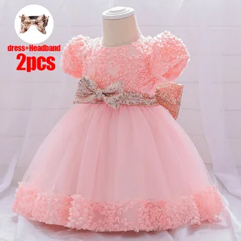 PLBBFZ Send Headban Розовый Пайетки Платье Для Девочки Первый День Рождения Платье Для Детей Крестины Большой Лук Вечеринка Свадьба Принцесса Платье