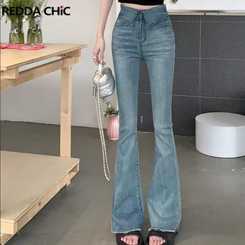 REDDACHiC Flip Blue Plain Женские джинсы-клеш Винтажные брюки с высокой посадкой Минималистичные джинсовые брюки Y2k Корейская уличная одежда