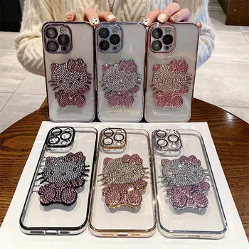 Sanrio Hello Kitty Kawaii Jeweled Rhinestone Покрытие Горный Хрусталь Чехол Для Айфона Подходит Для IPhone 14 Pro Max Plus Защитный чехол Подарок