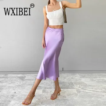 WXIBEI Твердая фиолетовая атласная шелковая юбка Женская летняя длинная юбка с высокой талией Новинка 2024 Элегантные женские офисные юбки Midi Spring 01A095