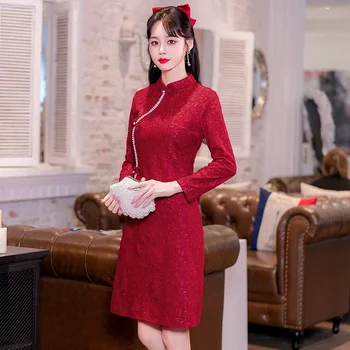 Азиатские современные улучшенные платья с длинным рукавом для женщин 2023 года Ретро Классическая Китайская Традиционная Мама Красная Чонсам Вечеринка Одежда