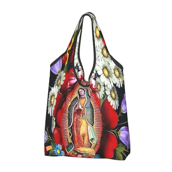 Богоматерь Гваделупская Сумка для покупок Женская большая сумка Портативная мексиканская Дева Мария Мексика Цветы Tilma Продукты Сумки для покупок