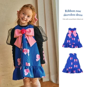 В наличии! BEBE Платье для девочек 2024 Весна Дети Роза Большой Бант Принцесса Платье Детский сарафан Брюки с длинным рукавом Базовый комплект одежды