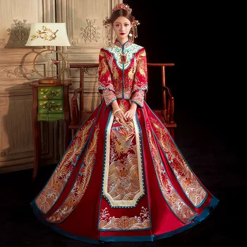 Вышивка Феникс Невеста Костюм Тост Одежда Элегантное свадебное платье Винтаж Традиционные китайские женщины Свадебный набор