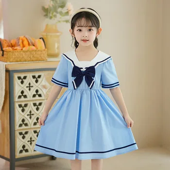 Девочка Синее платье Лето Дети Платья с коротким рукавом Принцесса Вечеринка Наряд Детская одежда