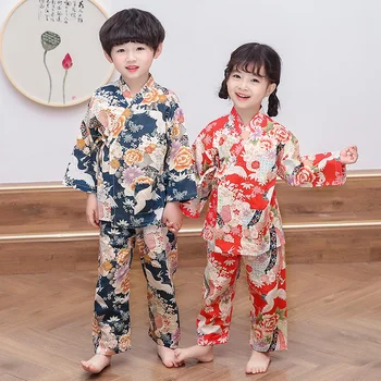 Детский японский костюм-кимоно с длинным рукавом для мальчиков и девочек Японская пижама для детей в китайском стиле Hanfu Домашняя одежда LE571
