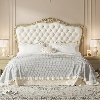 Европейская роскошная двуспальная кровать Белая вилла Кожа Дерево Современная односпальная кровать Каркас Дизайн замка Спальные camas de casal мебель