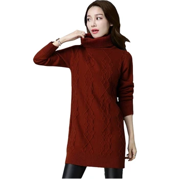 Женская рубашка с высоким воротником, трикотажный свитер средней длины, женское платье с толстым внутренним изнашиванием, осень, зима