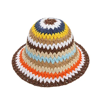 Женская соломенная шляпа с широкими полями и радужными полосками - стильная солнцезащитная шапочка для пляжных путешествий и активного отдыха