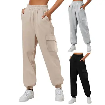 Женские брюки Удобные женские эластичные брюки-карго с несколькими карманами для занятий спортом Сплошной цвет