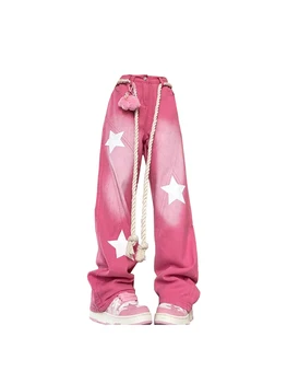 Женские розовые джинсы Мешковатые корейские модные прямые джинсовые брюки с высокой талией Harajuku Винтажная уличная одежда Y2k Широкие джинсовые брюки со звездой