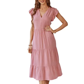 Женское весеннее и летнее платье с V-образным вырезом в горошек с цветочным принтом с кружевным платьем вечернее платье свободное женское платье летнее платье