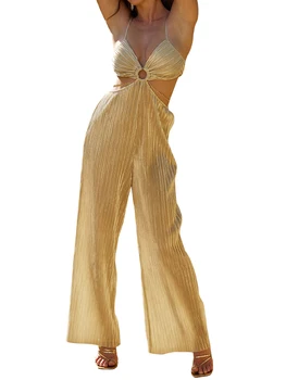 Женщины Полый комбинезон Металлическая цепочка Длинные брюки Спагетти Бретельки Блестящие широкие штанины Комбинезон Вечеринка Уличная одежда