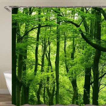 Зеленый лес Деревья Пейзаж Занавеска для ванны Занавески для душа Ванная комната Водонепроницаемая полиэфирная ткань 3d печатная ширма для ванны 12 крючков коврик