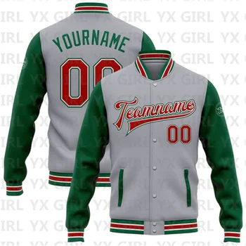 Изготовленный на заказ Серый Красный-Келли Зеленый Бомбер Full-Snap Varsity Letterman Двухцветная куртка 3D Бейсбольная куртка на пуговицах
