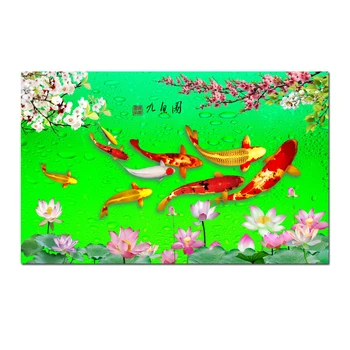 Китайский стиль Цветы лотоса Рыба Кои Живопись Холст Печать Плакаты Настенное искусство Декор Печатные картины для гостиной HYL1207