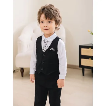 Классический костюм для мальчиков в британском стиле Ношение галстука-бабочки + рубашка + жилет + брюки 4шт