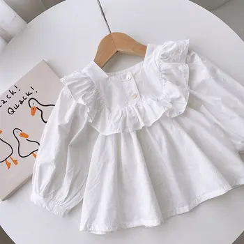 Корейская детская одежда для девочек белая кукольная рубашка с длинными рукавами, стильная детская рубашка с оборками, детская верхняя одежда