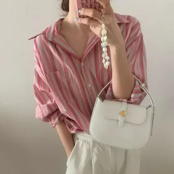 Корейская нишевая полосатая рубашка с длинными рукавами Солнцезащитная рубашка Женская ранняя осень 2023 Новая вертикальная полосатая рубашка