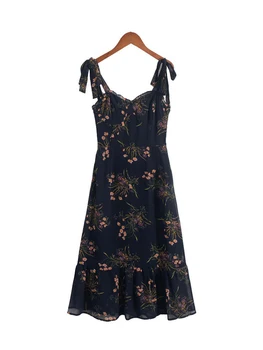 Летнее темно-синее шифоновое платье с цветочным принтом Женские платья миди с бретельками на бретелях с открытой спиной