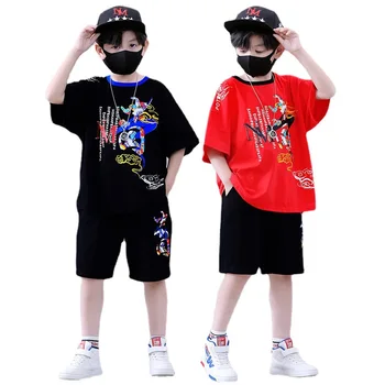 Летний костюм для мальчиков в китайском стиле Новый детский уличный костюм для мальчиков с коротким рукавом Футболка + шорты Спортивный комплект из двух частей Детские свободные наряды